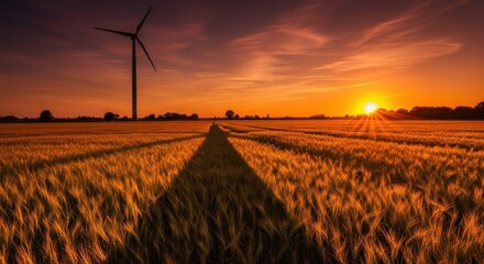 A lone wind turbine stands in a golden field of wheat at sunset, casting a long shadow across the landscape