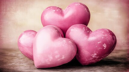 Obraz premium Romantic Pink Hearts Wooden Background Valentines Day