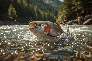 Salmon leaping river, mountain background, fishing