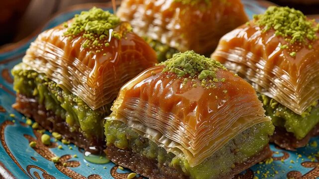 Traditional Turkish baklava with pistachio filling served on a decorative plate, showcasing a rich and sweet dessert.