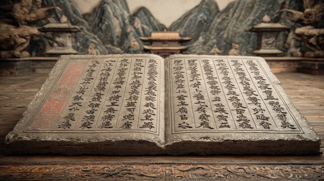 Ancient stone book with intricate carvings.