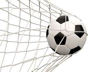 Soccer ball in goal net isolated on a transparent background football white