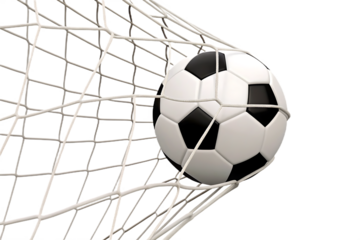 Soccer ball in goal net isolated on a transparent background football white