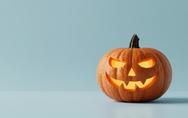 Glowing Carved Jack-o'-Lantern with Evil Smile on Blue Background