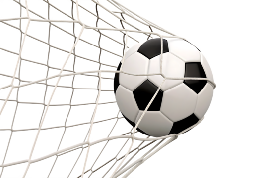 Soccer ball in goal net isolated on a transparent background football white