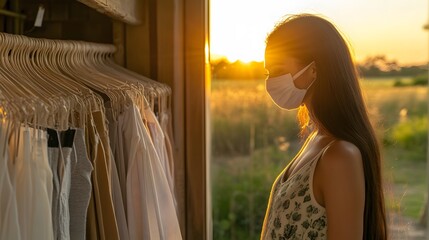 Obraz premium Woman in Mask Browsing Clothes at Sunset