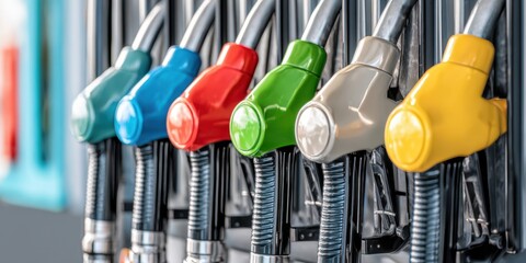 The colorful fuel nozzles at a modern gas station.