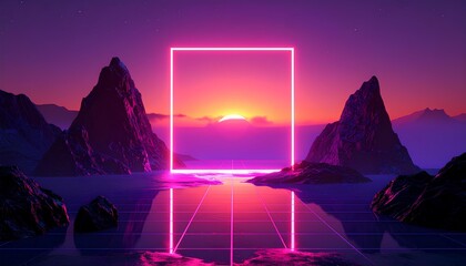 Three-dimensional abstract futuristic wallpaper with neon rectangular portal, mystical rocky landscape, reflective water, glowing sunset or sunrise, geometric terrain, cyber fantasy, illuminated