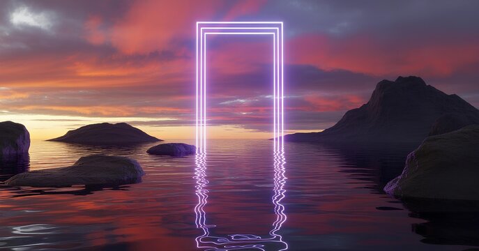 3D futuristic abstract landscape with glowing neon rectangular portal, mystical rocks and water reflection, sunset or sunrise sky, modern geometric terrain, cyber fantasy, illuminated scenery