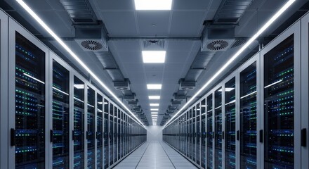 Modern server room with rows of computer racks and blue led lights, representing data center technology and digital infrastructure