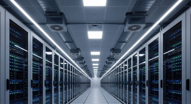 Modern server room with rows of computer racks and blue led lights, representing data center technology and digital infrastructure