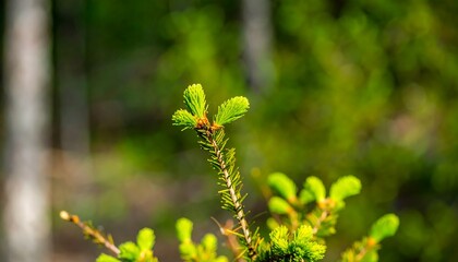 Close-up of a young evergreen tree branch with vibrant green needles in a sunlit forest.