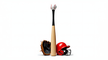Baseball bat standing upright with ball balanced on top, next to red helmet and leather glove, sports equipment