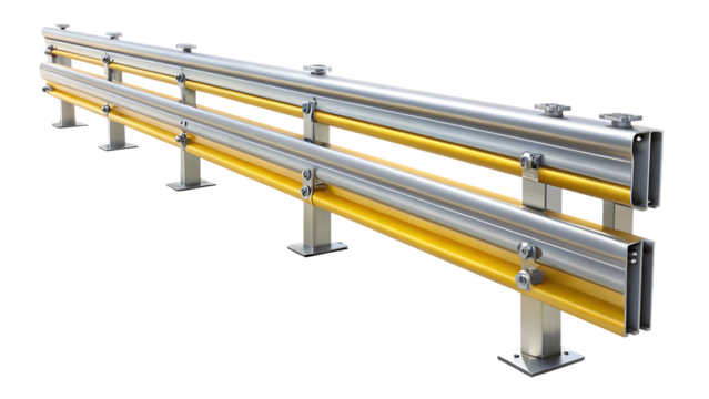 Metal guardrail with yellow and silver beams on background safety barrier road safety isolated on a transparent background