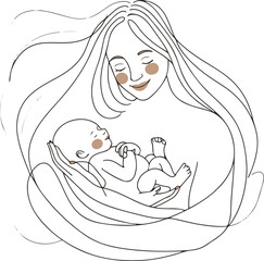 Minimal black and white line art of a mother gently holding her newborn baby, continuous single line, elegant abstract style