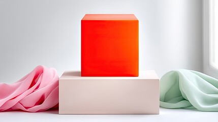 Bright Red Cube on Pale Pink and Green Fabric Display