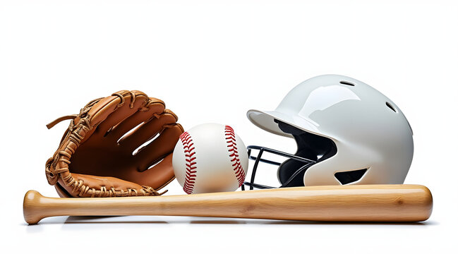 Neatly arranged set of baseball gear including wooden bat, leather glove, white ball, and protective helmet on white background