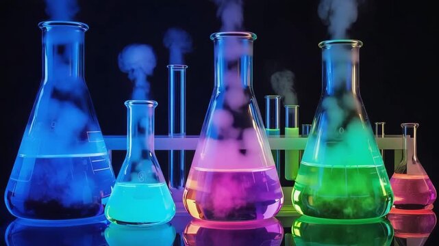 Bubbling colorful chemical liquids in Erlenmeyer flasks and test tubes, glowing neon colors, smoke and steam, futuristic chemistry experiment.