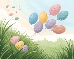 Colorful easter eggs floating like balloons over green grass and blue sky