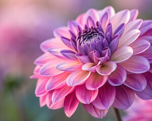 Close up of a vibrant pink and purple dahlia flower with soft bokeh background