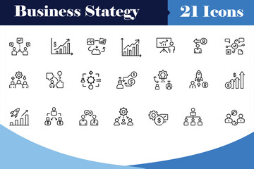 Collection of business development thin line vector icons for startup planning, financial growth, career success, innovation ideas, leadership, teamwork, and corporate strategy