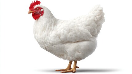 Fototapeta premium A domestic fowl, rendered in vivid detail, stands in profile, exhibiting stark white plumage