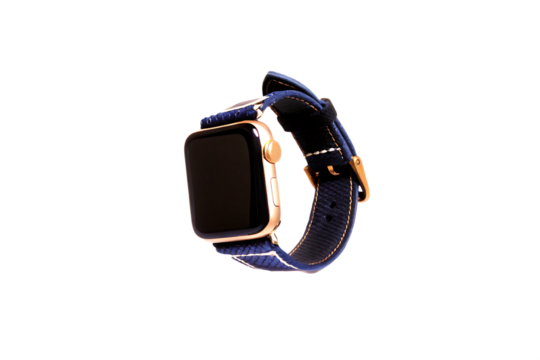 Gold smartwatch with blue fabric strap isolated on a transparent background image