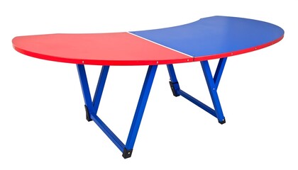 A vibrant, semicircular table with a split top in bold red and blue, accented by simple, sturdy legs.