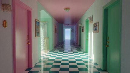 A long hallway with colored doors and checkered floors, bathed in sunlight, leading towards an open doorway