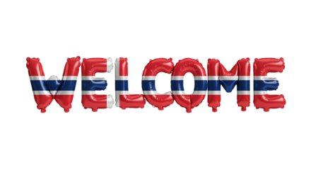 Welcome balloon text with Norwegian national flag on isolated transparent background