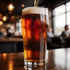 Artisan craft beer poured into a glass, with a cozy bar ambiance in the background