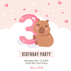 Birthday invitation design with capybara and number 3 on pink sky