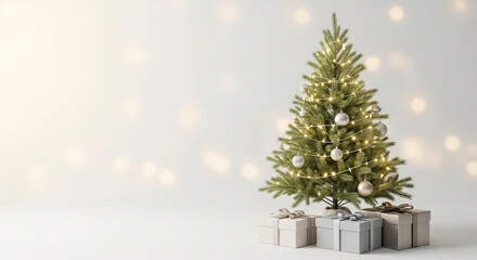 Minimalist Christmas tree with wrapped gifts, festive holiday decor
