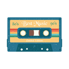 Classic old retro cassette. Colorful cassette with inscriptions: Best music 80s, 90s. Vector illustration.