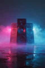 Neon speakers in misty light