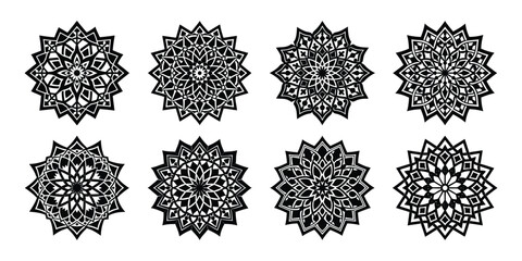 Collection of eight intricate mandala designs isolated on white background, showcasing geometric and floral patterns for various decorative applications