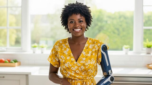 Empowered woman with bionic arm chops vegetables in sunlit kitchen