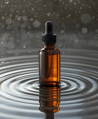 Amber Dropper Bottle with Ripples on Water Surface – Skincare and Hydration Concept