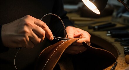 Skilled artisan meticulously performs traditional leather sewing by hand, demonstrating intricate craftsmanship and precision work on a handmade product.