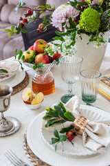 Holiday table decor. Rosh hashanah jewish New Year holiday concept.	