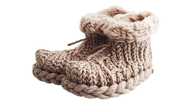 Illustration of pair of cozy knitted wool slippers isolated on transparent background, perfect for keeping your feet warm and comfortable during the cold winter months and relaxing at home