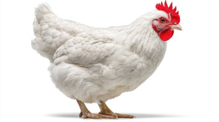 Fototapeta premium A side view of a white chicken with red comb and wattle standing on a white background