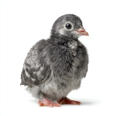 Obraz premium A close-up shot of a cute Guinea fowl chick with a detailed view of its feathers and eye. The bird's soft features create a sense of charm.