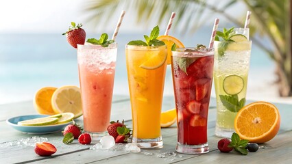 Refreshing Fruity Beverages: Summer Drinks with Fresh Fruit, Citrus, and Mint on a Beach Setting, Cool and Delicious