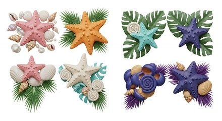 Obraz premium Colorful starfish and seashell decorations isolated on white background