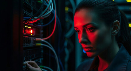 IT engineer troubleshooting server equipment in data center with glowing red light