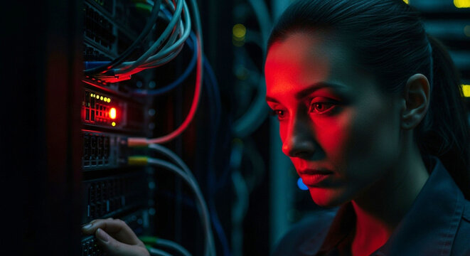 IT engineer troubleshooting server equipment in data center with glowing red light