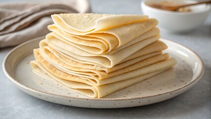 Stack of Homemade Crepes on Plate, Delicious Thin Pancakes for Breakfast or Dessert, Simple and Sweet Food