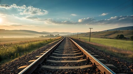 Obraz premium Tranquil Railroad Journey: Sunrise Over Tracks Leading to Distant Hills Under a Serene Sky.