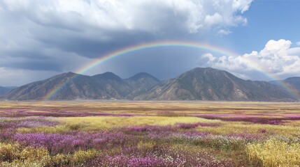 A vibrant rainbow arches across a vast meadow against a mountain range with a cloudy sky